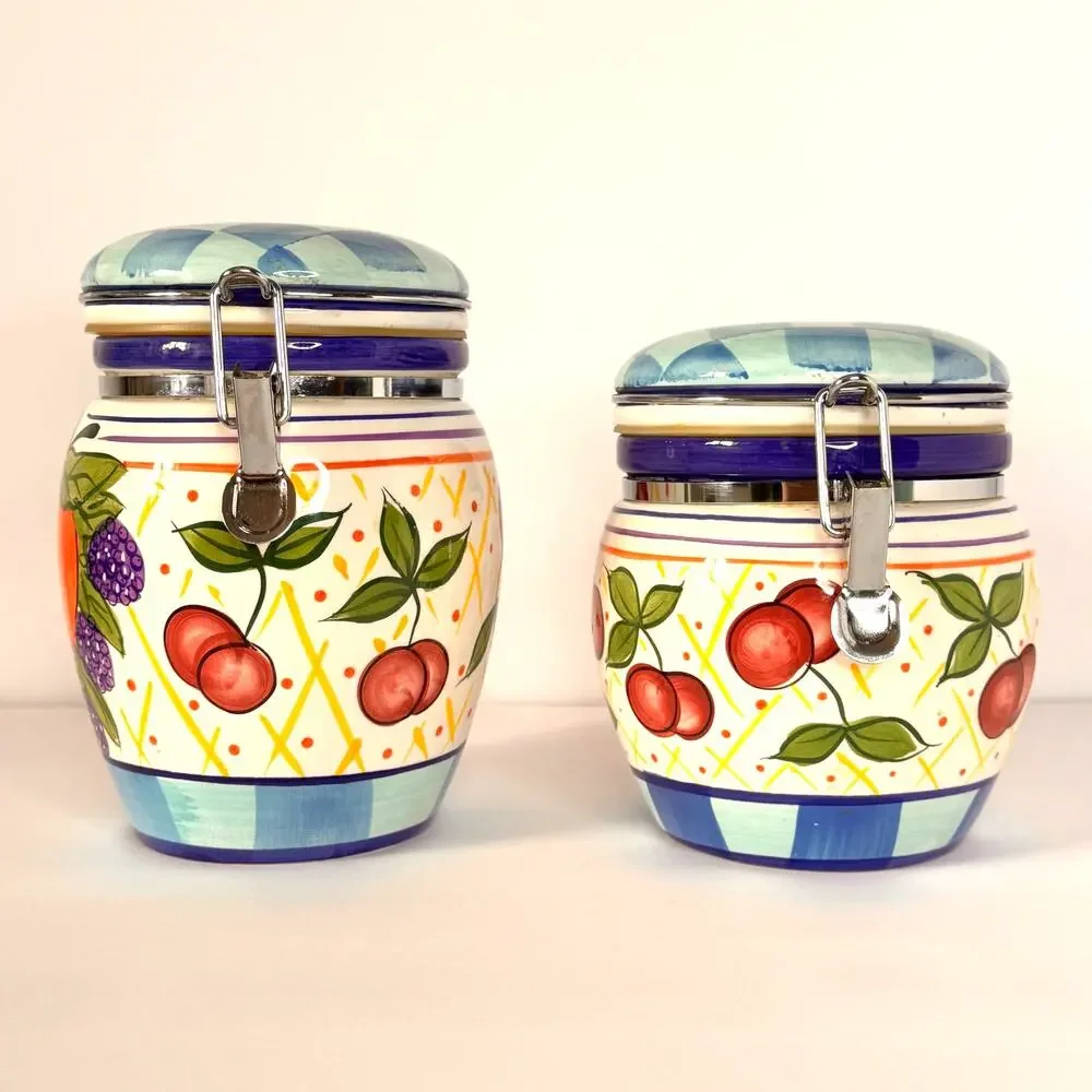Capriware Michael's Orchard Lot of 2 Multi Color Handpainted Ceramic Canisters